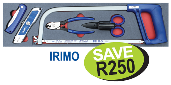 Get the IRIMO 5pc Electrical Cutting Set (XXOCT221) including folding knife, utility knife, wire cutter, scissors, and hacksaw, supplied in foam.