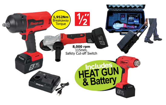 Get the Snap-on XXOCT287 Portable 18V Cordless Impact Gun & Grinder Kit, including a Brushless Impact Gun, Slim Head Grinder, Dual Charger, 3 Battery Packs, and a FREE NEW Heat Gun & Battery. Perfect for professional use.