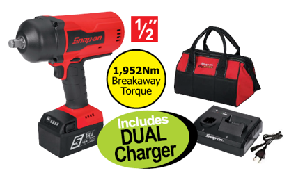Get the Snap-on Portable 18V Cordless Impact Gun Kit (XXOCT288) with a FREE Dual Charger. Features a brushless impact gun, battery pack, and canvas kit bag.