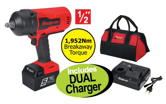 Get the Snap-on Portable 18V Cordless Impact Gun Kit (XXOCT288) with a FREE Dual Charger. Features a brushless impact gun, battery pack, and canvas kit bag.