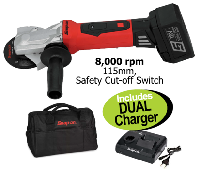 Get the Snap-on XXOCT290 Portable 18V Cordless Grinder Kit, featuring an 8,000 rpm grinder, 115mm disc, and safety cut-off switch. Includes a slim head grinder, battery pack, canvas kit bag, and a FREE 18+14.4V Dual Charger.