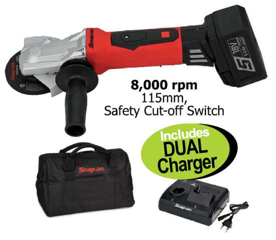 Get the Snap-on XXOCT290 Portable 18V Cordless Grinder Kit, featuring an 8,000 rpm grinder, 115mm disc, and safety cut-off switch. Includes a slim head grinder, battery pack, canvas kit bag, and a FREE 18+14.4V Dual Charger.