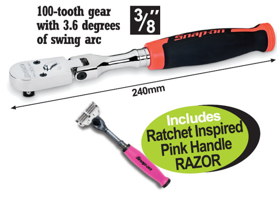 Get the Snap-on 3/8" Cynergy 100 Tooth Flex Head Soft Grip Ratchet (FHF100) with a FREE Ratchet Inspired Pink Handle RAZOR (CRNRATCHRZ-P). Features a 100-tooth gear, low-profile head, and soft grip handle for comfort and control. Promo Code: XXOCT215.