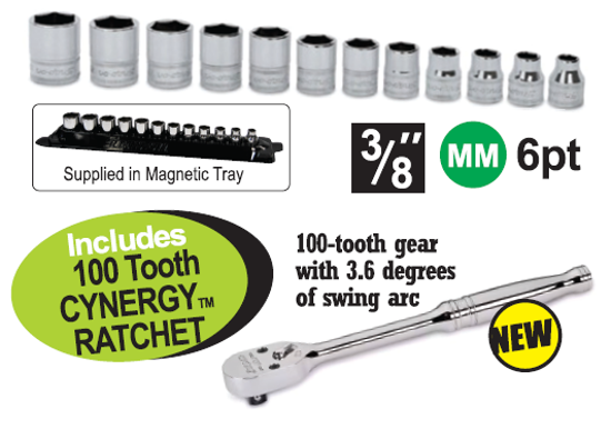 Get the Snap-on 3/8" Metric Shallow Socket Set in Magnetic Tray, including a 100 Tooth CYNERGY™ Ratchet. Features 12pc Flank Drive® sockets (8-19mm) with nickel-chrome alloy finish for durability. Promo Code XXOCT230.