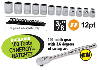 Get the Snap-on 3/8" Metric Shallow Socket Set in Magnetic Tray, including a 100 Tooth CYNERGY™ Ratchet. Features 12pc Flank Drive® sockets (8-19mm) with nickel-chrome alloy finish for durability