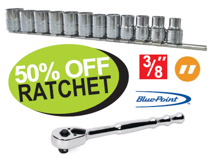 Get the Snap-on Blue 3/8" Shallow Socket Set on Rail + Clips (6pt Sockets 8-19mm) with a Ratchet. Promo Code XXOCT232.