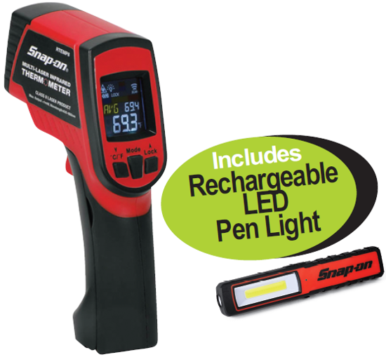 Get the Snap-on Multi-laser Infrared Thermometer (XXNOV263) for precise automotive diagnostics, including radiator, exhaust, and catalytic converter checks. Includes a free rechargeable LED pen light.
