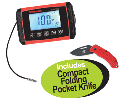 Get the Snap-on Dual Digital Thermometer (TEMP200) with a free Compact Folding Pocket Knife on promotion XXNOV265. Measure temperatures accurately with this versatile tool.