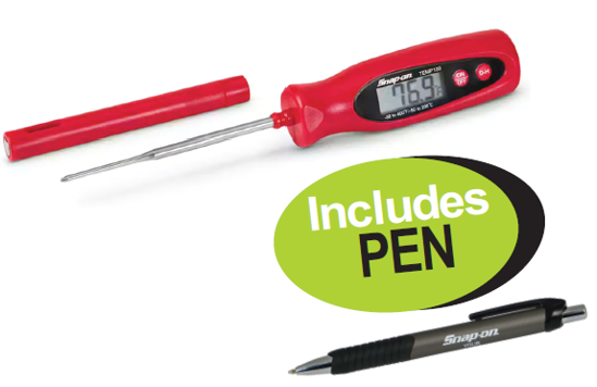 Get the Snap-on Multi-functional Thermometer (XXNOV266) with a temperature range of -14–204 °C. Features include an easy-to-read LCD, data hold, and dual magnets. Includes a free Snap-on pen.