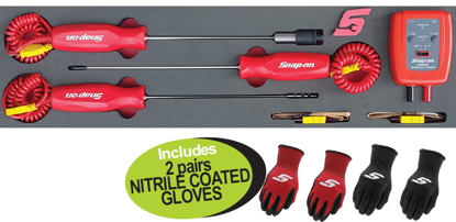 Get the Snap-on XXNOV267 Temperature Probes & Adaptor Set in Foam, including 2 pairs of Nitrile Coated Gloves. Features air, liquid, and surface temperature probes, plus a dual temperature adapter.