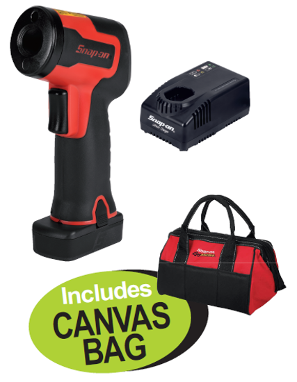 Get the Snap-on 14.4V Cordless Temperature Gun Kit (XXNOV280) including battery, charger, and canvas bag. Features safe non-contact and contact temp options, -50-1,000 °C range, and a high-contrast LCD.