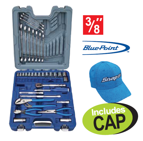 Get the Snap-on Blue-Point 3/8" 36pc General Service Set Metric (XXNOV215) including a cap. This comprehensive set features sockets, spanners, ratchet, pliers, and more, all in a blow moulded case.