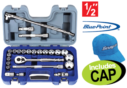 Get the Snap-on Blue 1/2" 25pc General Service Set Metric (XXNOV202) including a CAP. Features 17 sockets, 3 extensions, breaker bar, universal joint, and 2 adapters.