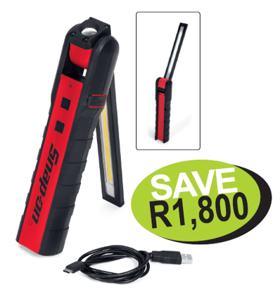 Get the Snap-on Dual Sided Flex Light (XXNOV287) with 300-lumen spotlight and 800+ lumen bar LED. Features a 4400mAh rechargeable battery, USB-C charging, IP65 rating, and magnetic base.